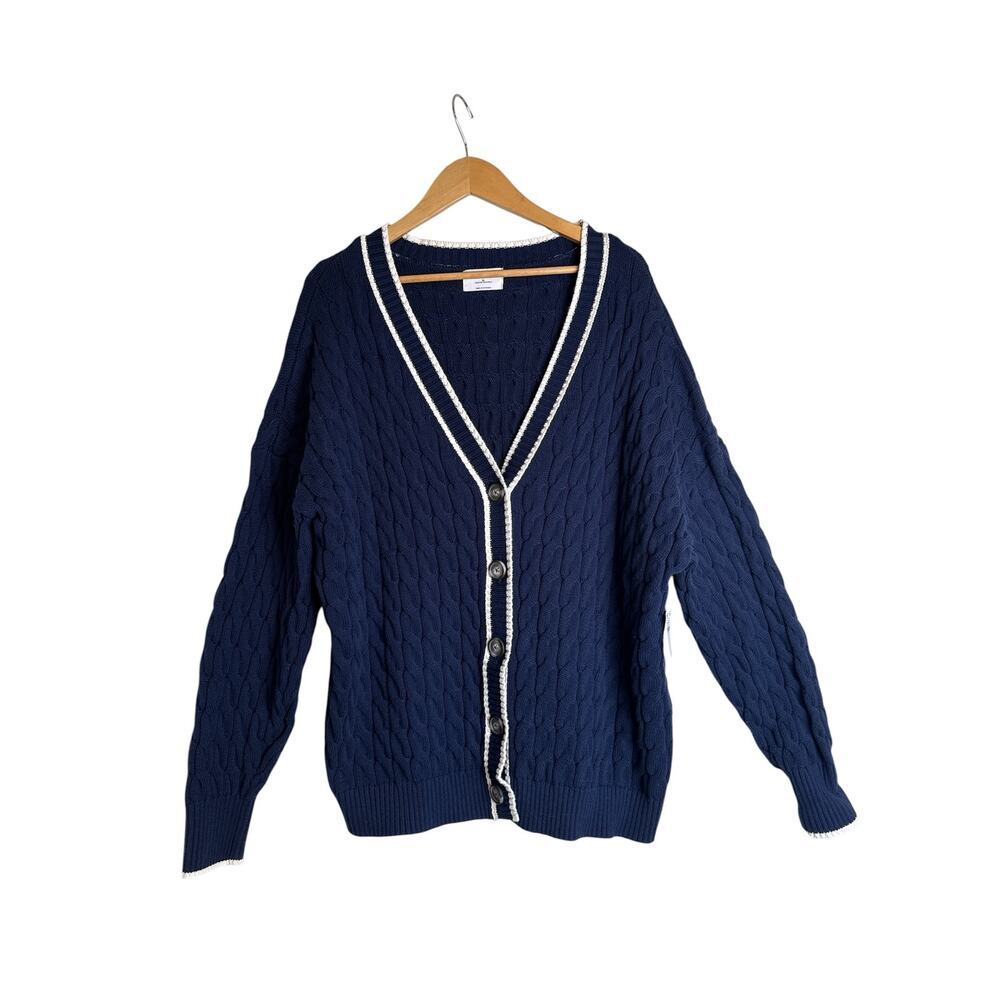 Old Navy XL Cable Knit Cardigan Navy Slouchy V Neck Button Front - Picture 2 of 8